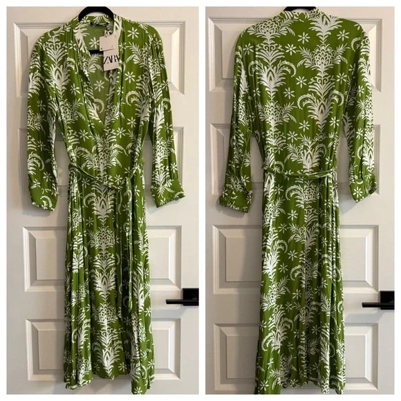 ZARA WOMAN MIDI BELTED PRINTED DRESS FLOWY GREEN | 5216/046 | SIZE: MEDIUM - Picture 6 of 7